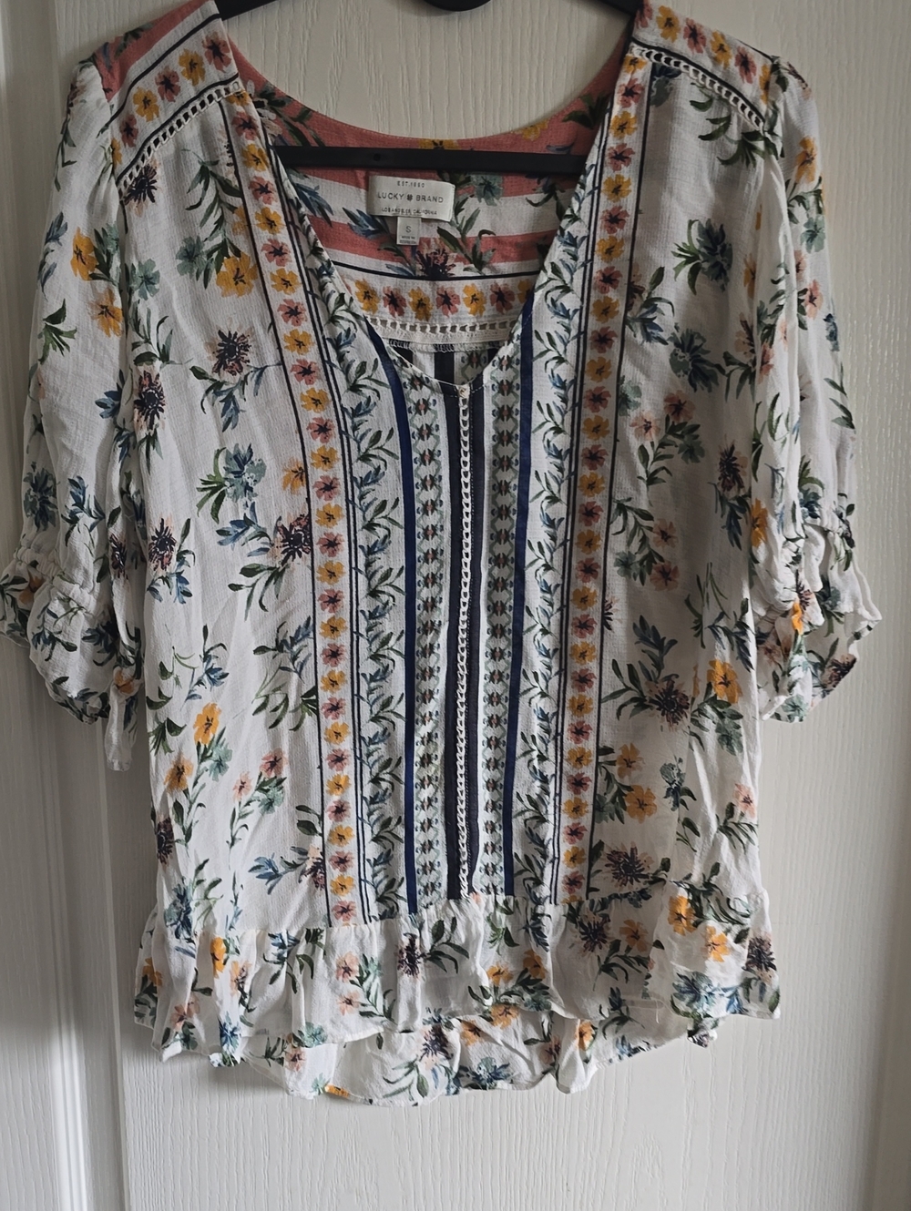 Lucky Brand White Floral Tunic with Yellow & Green Accents